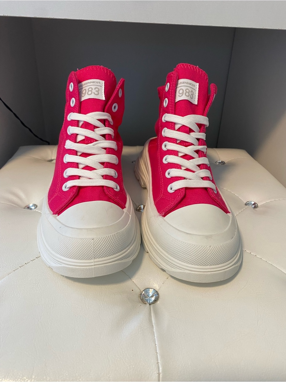 New Hot Pink High-Top Canvas Sneakers with White Platform Soles